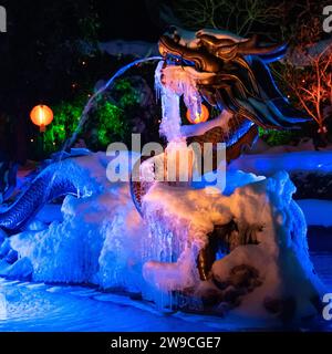 Fountain that is frozen with dragon. Stock Photo
