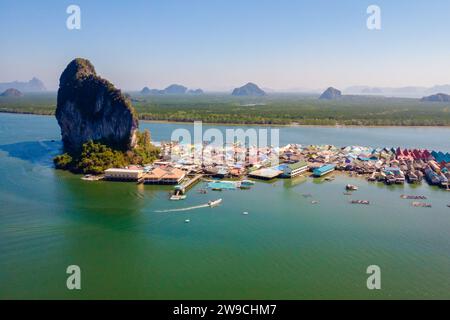 Panyee Island Phangnga Thailand with the floating wooden house on the water at the gypsy village in Phangnga Bay Stock Photo