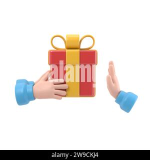 Refusal of gift. No corruption concept. Rejecting proposal. Man holding in hand gift box with ribbon. Gesture rejects the proposal. 3D rendering on wh Stock Photo