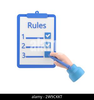 Rules concept. Businessman holding in hand clipboard with regulations. Checklist with requirements. Rule list on blank.3D rendering on white backgroun Stock Photo