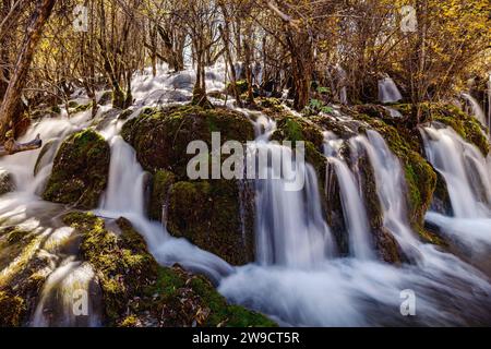 A scenic landscape of woodland featuring a cascading waterfall Stock Photo