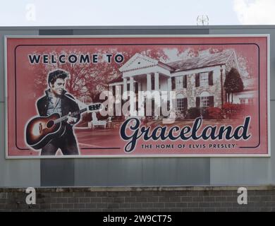 Mural of Elvis Presley and Graceland Mansion, his home, at the entrance to Graceland in Memphis, Tennessee. Stock Photo