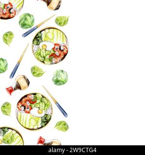 Watercolor asian food illustration seamless border. Korean traditional poke , soy sauce, bussel's cabbage and chopsticks banner. Chinese, japanese luc Stock Photo