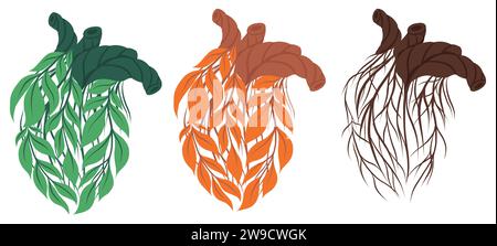 Vector set of cliparts of healthy and unhealthy human hearts made of leaves and twigs isolated from background. Seasons. Collection of flat hand drawn Stock Vector