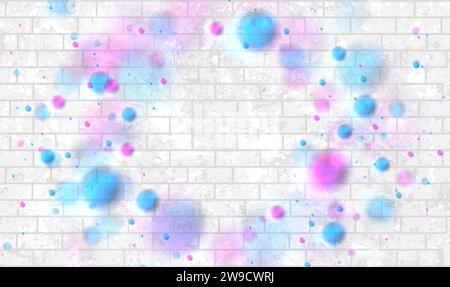 Blue and purple glowing bokeh lights on white brick wall abstract background. Vector neon design Stock Vector