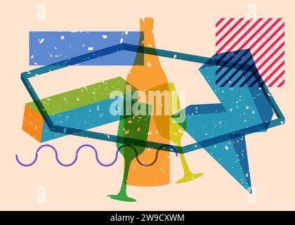 Risograph Champagne glass and bottle with geometric shapes. Objects in trendy riso graph print texture style design with geometry elements. Stock Vector