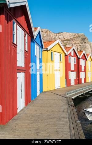 Boat sheds and warehouses with red wooden facades and granite rocks in ...