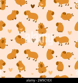 Seamless pattern. Cute animal capybaras on beige background. Vector illustration for design, wallpaper, packaging, textile. kids collection Stock Vector