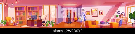 Happy family in modern house. Vector cartoon illustration of parents and children in large living room with working space, armchair and books on shelves, computer on desk, staircase leading upstairs Stock Vector