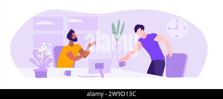 Emotional men at work. Diversity. Workplace. Emotional conversation. Vector illustration Stock Vector