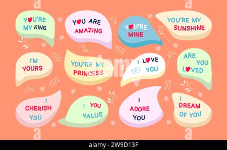Stickers with love phrases and hearts. Conversation bubbles for lovers on a peach background. Vector illustration Stock Vector
