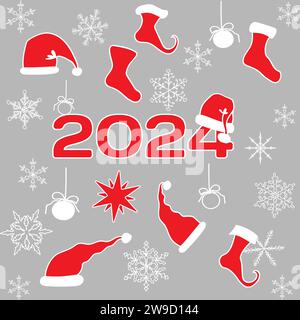 Set of New Year and Christmas elements with Santas hat, socks for gifts and a Christmas star. Silhouettes of snowflakes and decorative toys for the Ch Stock Vector