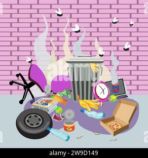 Garbage bin with unsorted waste next to a brick wall. Flies over organic and industrial waste. Vector illustration Stock Vector