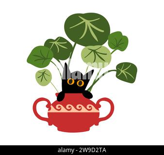 A cheerful black cat hid in a pot with a houseplant. Playing kitten. Palm tree in a vase. Vector illustration Stock Photo