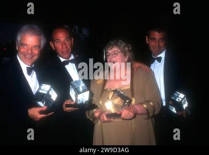 Hollywood, California, USA 5th October 1996 (L-R) Journalist Nick Clooney, Actor Miguel Ferrer, Singer/Actress Rosemary Clooney and Actor George Clooney attend Hollywood Entertainment Museum Opening on October 5, 1996 in Hollywood, California, USA. Photo by Barry King/Alamy Stock Photo Stock Photo