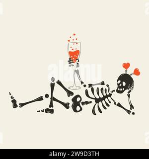 Funny Skeleton with decor for Valentine's day. Cute character Skeleton Bones Stock Vector