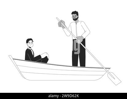 Interracial gay men on romantic boat ride black and white 2D line cartoon characters Stock Vector