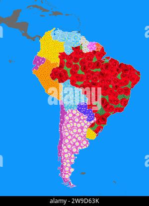 Map, outline of South America with all countries, with floral pattern of many different flowers and colors, geography, continent, symbol for nature Stock Photo