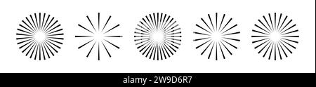 Starburst stripe round set. Ray lines emanate from the center of the circle. Pack of geometric elements. Isolated vector illustration on white background. Stock Vector