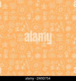 Floral seamless pattern. Decorative linear flowers, butterflies and bees on orange background. Vector Illustration in style hand drawn for wallpaper, Stock Vector