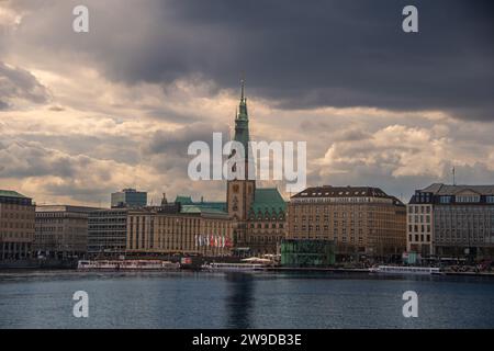 Hamburg, Germany  18 March 2023,  The view of the Binnenalster and the town hall of the Hanseatic City of Hamburg in dark clouds Stock Photo