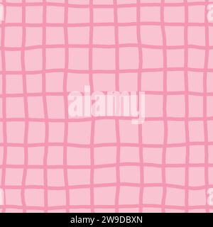 Hand drawn pink plaid pattern. Check, square doodle background. Line art freehand grid. Crossing red stripes brush stroke. Notebook Texture. Abstract Stock Vector