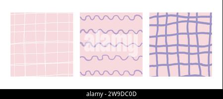 Simple Geometric Hand Drawn Irregular Patterns. Colored Doodle Checkered simple drawing with textures. Square Poster set. Stock Vector