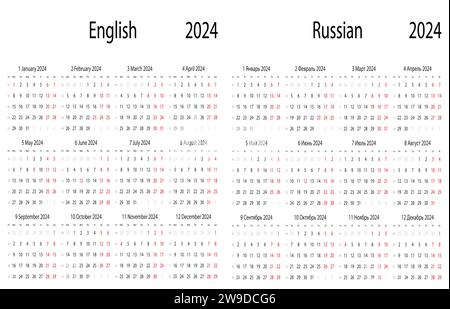 Calendar 2024 of English and Russian language vectors. Stock Vector
