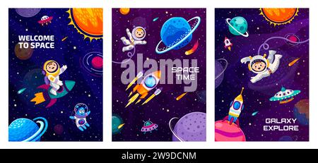 Cartoon space posters. Astronauts, spaceship and rocket, alien and ufo, starry galaxy, planets and comets. Vector vertical cards with interstellar exploration, imaginative playful cosmic adventures Stock Vector