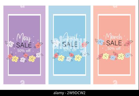 Spring sale banners set. Floral cute sales discount concept. Stock Vector