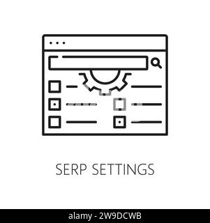 Serp settings. Serp icon. Search engine result page with browser and small gear-shaped symbol, allowing users to access and customize various search settings. Isolated vector linear sign or pictogram Stock Vector