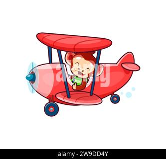 Cartoon cute monkey animal character on plane. Jungle cute animal baby flying on propeller airplane, adorable monkey kid isolated vector personage traveling on vintage plane, sitting in old aircraft Stock Vector