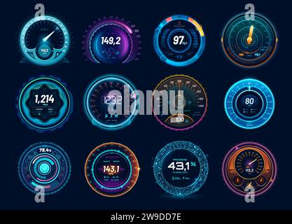 Speedometer neon dial, internet traffic speed gauge dashboard, vector ...