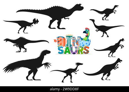 Isolated dinosaurs cartoon personages silhouettes. Carnotaurus, Dilophosaur, Troodon and Gallimimus, Oviraptor, Therizinosaurus, Compsognathus and Pachycephalosaurus funny dinosaurs vector silhouettes Stock Vector
