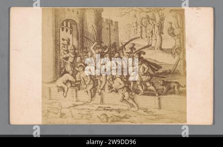 Photo production of an engraving of the outmilling of Zutphen by the Spaniards in 1572, Anonymous, 1850 - 1900   Netherlands photographic support. cardboard albumen print murder Zutphen Stock Photo