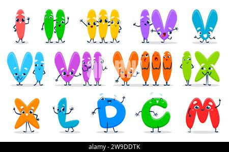 Roman numeral or number characters. Cartoon numerical system personages with adorable faces used in ancient Rome. Cute funny letters I, II, III, IV, V and VI, VII, VIII or IX, X, L, D with C and M Stock Vector