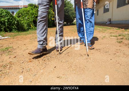 Backfront photo of the legs of two blind people using white canes to move around. Stock Photo