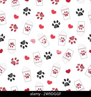 Paws, coffee shop seamless Happy new year and Merry Christmas pattern Stock Vector