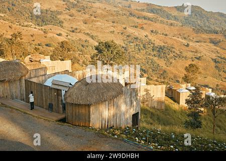 Homestay in the Doi Chang mountains of Chiang Rai Northern Thailand, bamboo wooden hut in the mountains, cottage cabin at sunset in the mountains of N Stock Photo