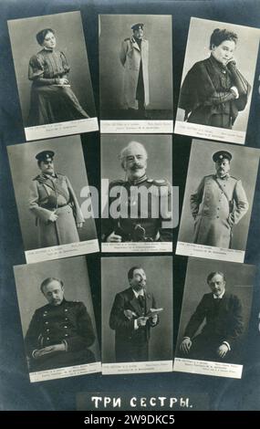 Konstantin Stanislavski, Olga Knipper, Vasily Kachalov, Margarita Savitskaya, Leonid Leonidov, Ivan Moskvin and Aleksandr Leonidovich Vishnevsky. Old Vintage postcard of the Russian Empire, 1900s. Stock Photo