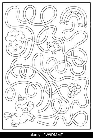 Saint Valentine black and white maze for kids. Love holiday line printable activity with kawaii unicorn, rainbow, cloud, flower, hearts. Labyrinth gam Stock Vector