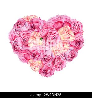 Floral Heart composition with pink roses. Hand drawn watercolor illustration isolated on white background. For Valentine's Day card Stock Photo