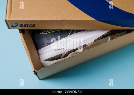 Antalya, Turkey - November 28, 2023: Asics running shoes with new technology soles in shoe box Stock Photo