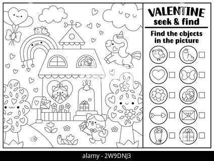 Vector Saint Valentine black and white searching game with house and kawaii character. Spot hidden objects coloring page. Simple love holiday seek and Stock Vector