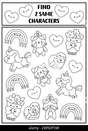 Find two same characters. Saint Valentine kawaii black and white matching activity. Love holiday line educational quiz worksheet for kids for attentio Stock Vector