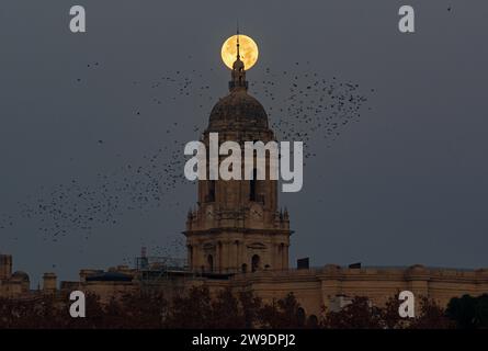 Malaga, Spain. 27th Dec, 2023. The full moon of December, known as the 'cold moon', is seen in the sky on the top of Malaga cathedral. In December takes place the last full moon of the year and the first of winter, called the cold moon due to the cold temperatures of winter in the Northern Hemisphere. Credit: SOPA Images Limited/Alamy Live News Stock Photo