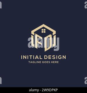 Initials FD logo with abstract home roof hexagon shape, simple and modern real estate logo design vector graphic Stock Vector