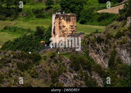 Torre dels Moros, an old military tower above the town of Encamp in Andorra on the southern side of the eastern Pyrenees.  The tower was probably built in the 1500s CE and its name reflects a local phrase used to describe something old and of unknown origin, “from the time of the Moors”. Stock Photo