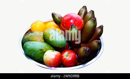 Assorted fruites on bamboo basket (banana, passion fruit, mango and avocado) Stock Photo