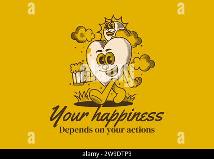 Your happiness depends on your actions. Character of sun and heart holding a beer Stock Vector